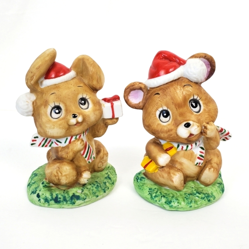 Vintage Christmas Figurines - Cute Bear and Bunny with Presents
